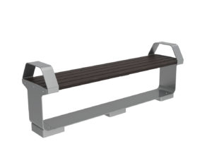 A modern outdoor bench with a metal frame and dark wooden slats, featuring armrests on both sides, on a white background.