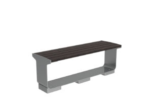 A modern bench with a metal frame and wooden slats on the seat, shown against a plain white background.