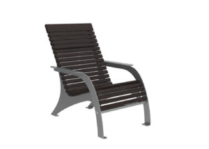 A modern outdoor chair with dark wooden slats and a silver metal frame, shown at an angle against a plain white background.