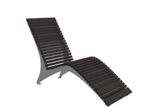 A modern, curved lounge chair with horizontal wooden slats and a metal frame, shown against a white background.