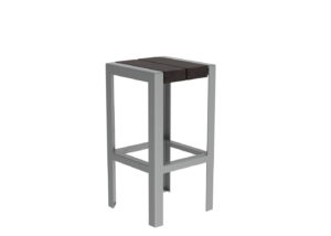 A tall, modern bar stool with a silver metal frame and a dark wooden seat, shown against a plain white background.