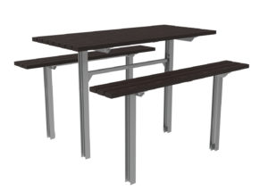 Une table de pique-nique à cadre métallique et deux bancs attenants, tous dotés de lattes en bois foncé, présentés sur un fond blanc.