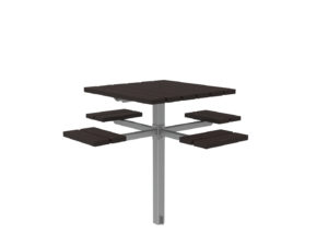 A square outdoor table with a central metal support and four attached bench seats, all featuring dark wooden slats.