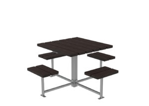 A square outdoor table with four attached benches, featuring dark wooden slats and a metal frame.