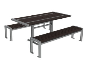A modern outdoor picnic table set with dark wooden slats and silver metal frames, featuring a rectangular table and two matching benches.