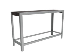 A modern rectangular console table with a dark wooden top and a minimalist silver metal frame.