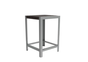 A tall stool with a square metal frame and a dark wooden seat.