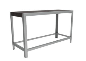 A rectangular table with a dark wooden top and a metal frame featuring four legs and a horizontal support bar near the base.