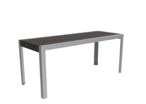 A rectangular table with a dark wooden top and a silver metal frame, shown against a white background.