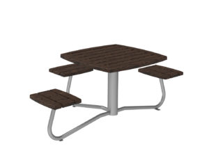 Table de pique-nique carrée pour l'extérieur avec quatre places assises, avec un plateau et des sièges en bois foncé et une base et des supports en métal argenté.