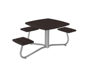 Une table de pique-nique carrée avec un cadre en métal et quatre bancs en bois foncé attachés, chacun placé à un coin de la table.