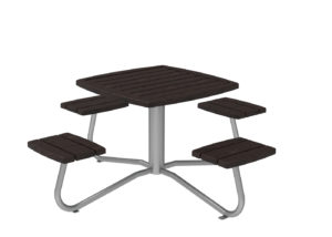 Table de pique-nique carrée pour l'extérieur avec une base en métal et quatre banquettes en bois attachées.