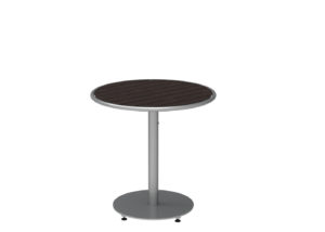 A round, metal pedestal table with a dark wooden top and a single central support on a circular base.