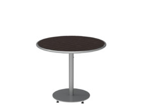 A round table with a dark wooden top and a single metal pedestal base, set against a plain white background.