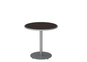 A round table with a dark wooden top and a single metal pedestal base, shown against a white background.