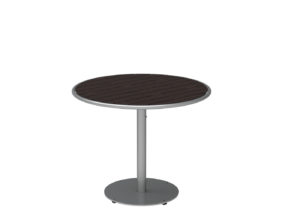 A round table with a dark wooden top and a single metal pedestal base.