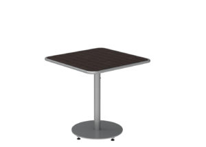 A square, dark brown tabletop with a metal pole and round base, shown on a white background.