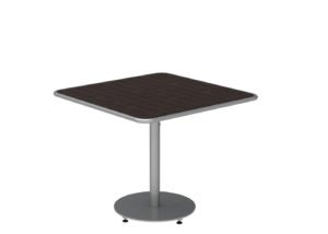 A square table with a dark wood-patterned top and a single metal pedestal base.
