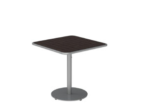 A square table with a dark wooden top, single gray metal pedestal leg, and round metal base, isolated on a white background.