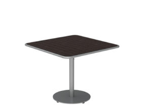 A square table with a dark wood top and a single metal pedestal base on a round foot, isolated on a white background.
