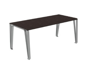 A rectangular bench with a dark wooden slatted seat and four silver metal legs.