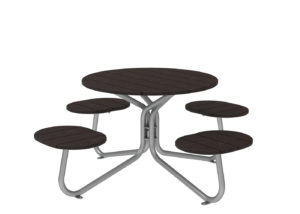 A round outdoor table with four attached curved benches, featuring dark wood-style surfaces and a silver metal frame, shown against a white background.