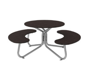 Round outdoor picnic table with dark wooden top and two curved benches on a silver metal frame.
