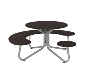 A round picnic table with three attached curved benches and a metal frame, featuring dark wooden slats on the tabletop and seats.