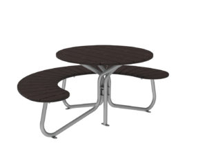 Round outdoor picnic table with attached curved benches and a metal frame, shown on a white background.