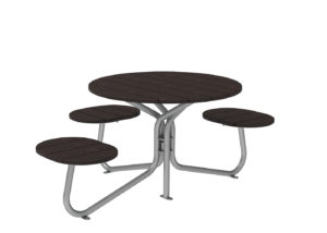 A round picnic table with a dark wooden top and three attached matching seats, supported by a silver metal frame.