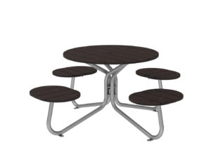 Round picnic table with four attached circular seats and a metal frame. The tabletop and seats have a dark wood finish.