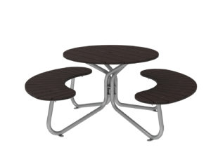 Round outdoor table with two attached curved benches, dark wooden slats for seating and tabletop, and a silver metal frame.