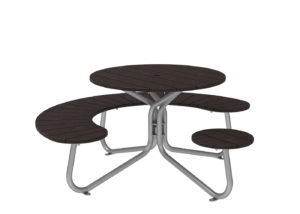 A round picnic table with three curved benches attached, featuring a dark wooden surface and a silver metal frame.