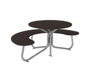 A round picnic table with a dark wooden top and seats, featuring curved bench seating and a metal frame.