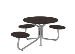 Round outdoor picnic table with four attached curved benches, featuring dark wooden surfaces and a metal frame.