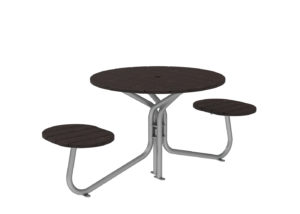 A round outdoor table with three attached curved benches, featuring a dark wooden surface and metal frame.
