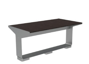 Rectangular table with a dark wooden top and a modern, silver metal base featuring a geometric design.