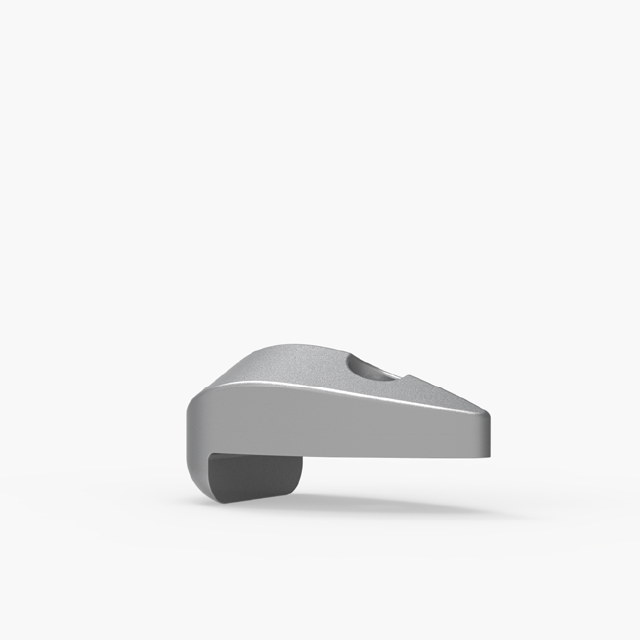 A gray, metallic, hook-shaped object with a smooth surface is centered against a plain white background.
