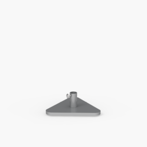 Gray, triangular metal stand with a central cylindrical tube and a side screw, placed against a plain white background.