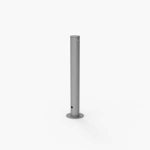 A vertical, cylindrical metal bollard with a flat circular base, standing upright against a plain white background.