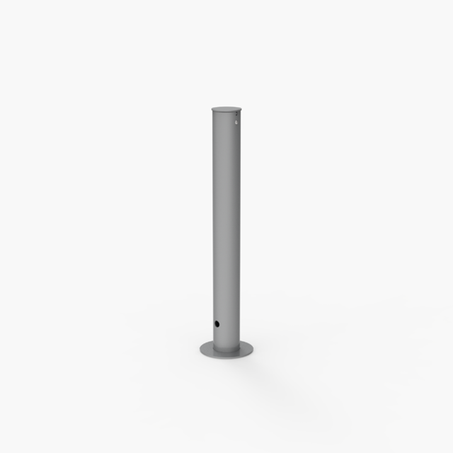 A vertical, cylindrical metal bollard with a flat circular base, standing upright against a plain white background.