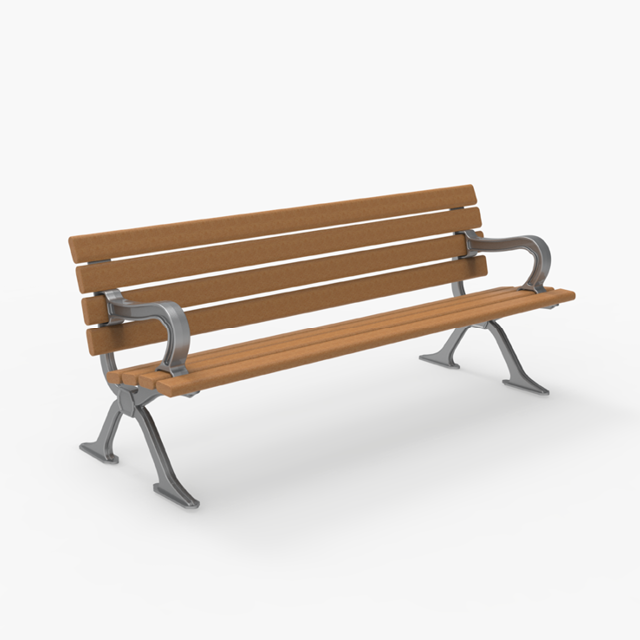 A wooden park bench with metal armrests and legs, featuring four horizontal wooden slats for the backrest and three for the seat, set against a plain white background.