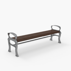 A long bench with metal armrests and legs, featuring a seat made of dark wooden slats, set against a plain white background.