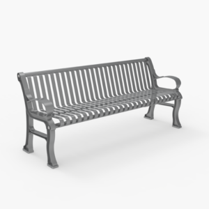 Banc de parc en métal avec siège et dossier à lattes, doté d'accoudoirs des deux côtés, représenté sur un fond blanc uni.