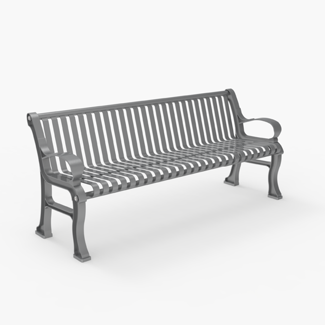 A metal park bench with armrests and a slatted seat and backrest, shown against a plain white background.