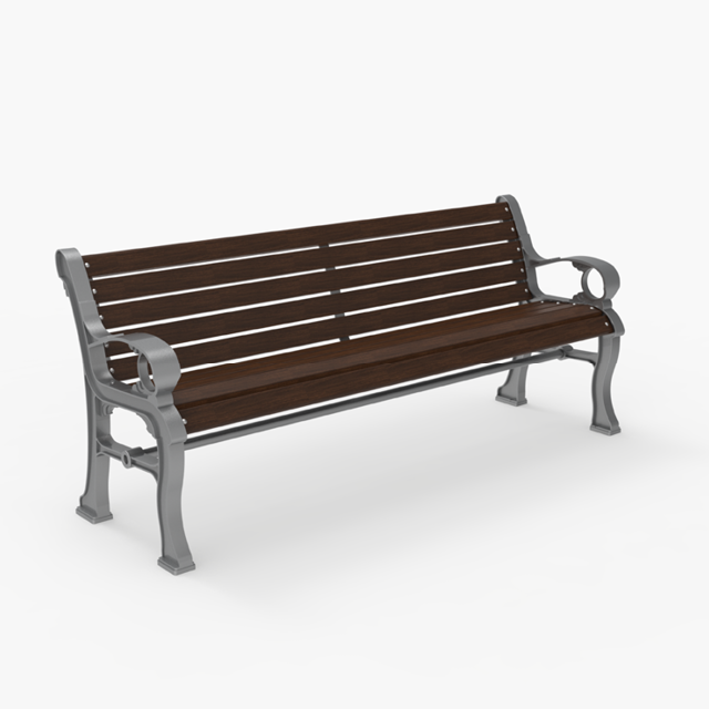 A wooden slat park bench with metal armrests and legs, shown on a plain white background.