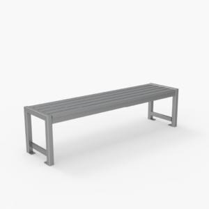A modern, rectangular metal bench with a slatted seat and open sides, placed against a plain white background.