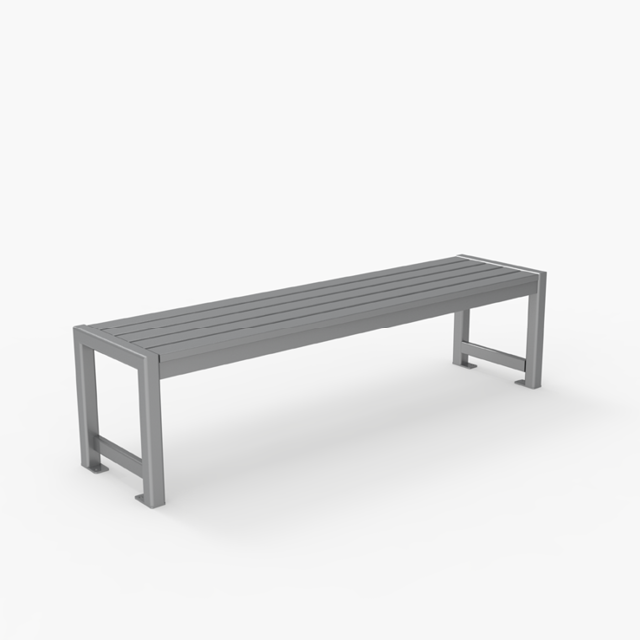 A modern, rectangular metal bench with a slatted seat and open sides, placed against a plain white background.