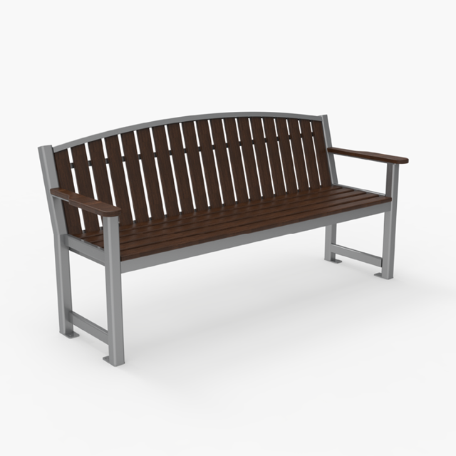 A wooden bench with metal legs and armrests, featuring a slatted backrest and seat, displayed on a plain white background.
