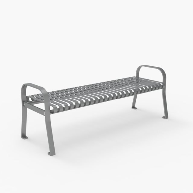 A metal bench with a slatted seat and armrests on both ends, displayed against a plain white background.
